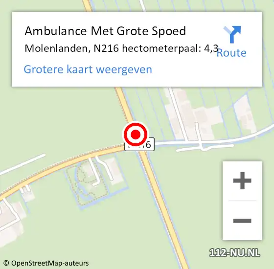 Locatie op kaart van de 112 melding: Ambulance Met Grote Spoed Naar Molenlanden, N216 hectometerpaal: 4,3 op 11 november 2023 11:10