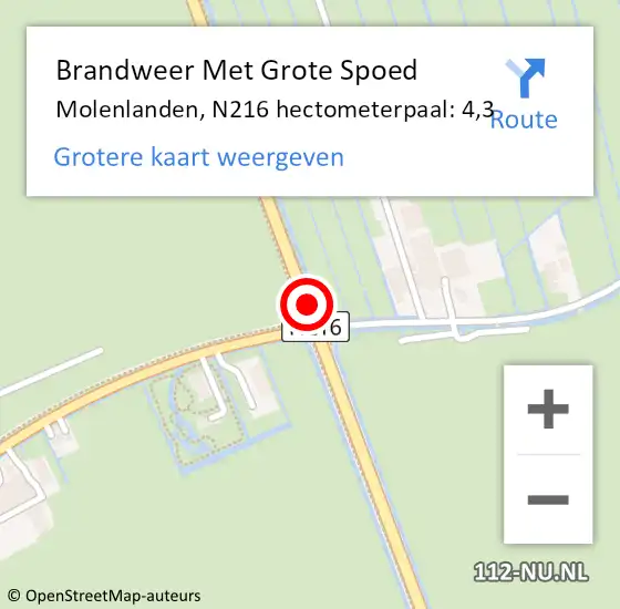 Locatie op kaart van de 112 melding: Brandweer Met Grote Spoed Naar Molenlanden, N216 hectometerpaal: 4,3 op 11 november 2023 11:17