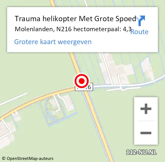 Locatie op kaart van de 112 melding: Trauma helikopter Met Grote Spoed Naar Molenlanden, N216 hectometerpaal: 4,3 op 11 november 2023 11:48