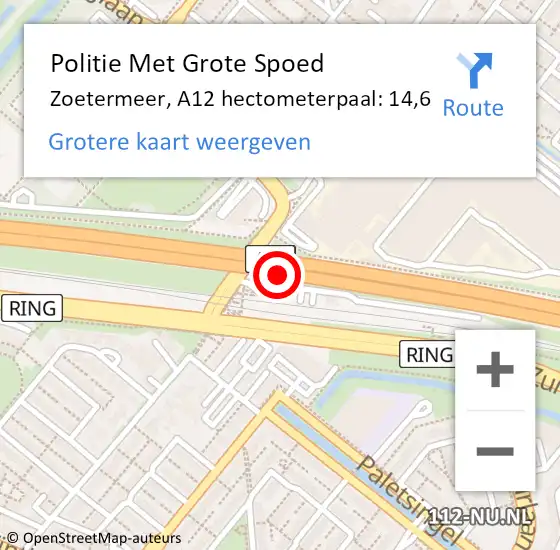 Locatie op kaart van de 112 melding: Politie Met Grote Spoed Naar Zoetermeer, A12 hectometerpaal: 14,6 op 11 november 2023 12:06