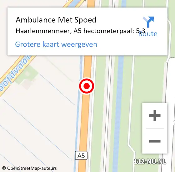 Locatie op kaart van de 112 melding: Ambulance Met Spoed Naar Haarlemmermeer, A5 hectometerpaal: 5,3 op 11 november 2023 13:08