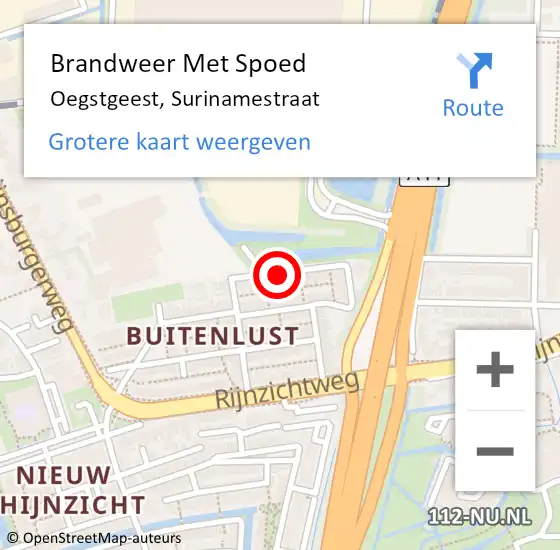 Locatie op kaart van de 112 melding: Brandweer Met Spoed Naar Oegstgeest, Surinamestraat op 11 november 2023 13:11