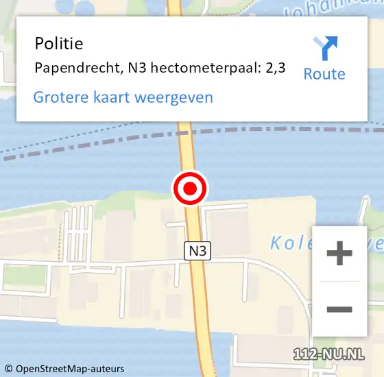 Locatie op kaart van de 112 melding: Politie Papendrecht, N3 hectometerpaal: 2,3 op 11 november 2023 13:57