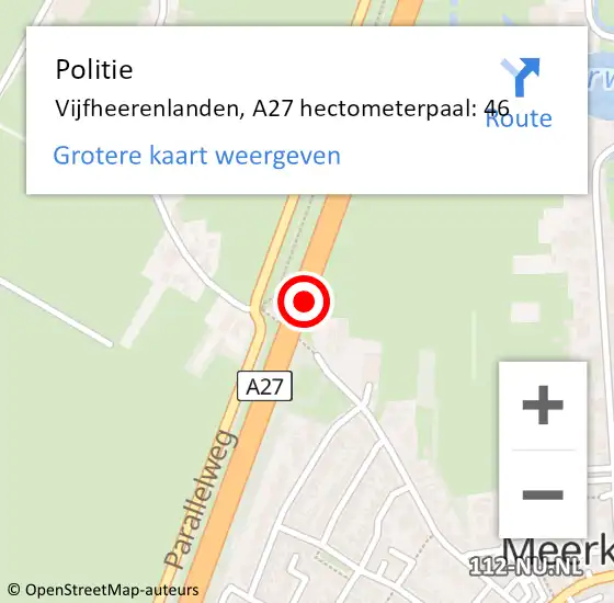 Locatie op kaart van de 112 melding: Politie Vijfheerenlanden, A27 hectometerpaal: 46 op 11 november 2023 17:45
