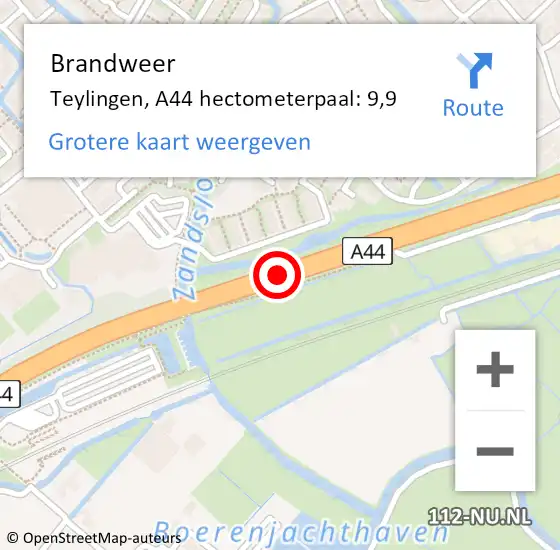 Locatie op kaart van de 112 melding: Brandweer Teylingen, A44 hectometerpaal: 9,9 op 11 november 2023 17:50