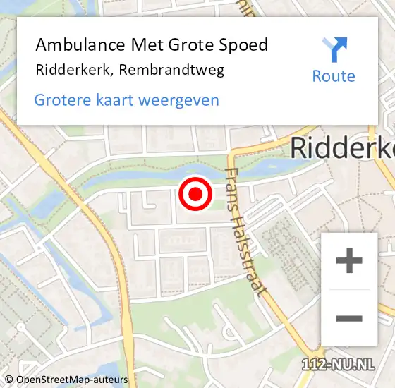 Locatie op kaart van de 112 melding: Ambulance Met Grote Spoed Naar Ridderkerk, Rembrandtweg op 11 november 2023 17:50