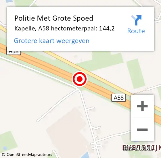 Locatie op kaart van de 112 melding: Politie Met Grote Spoed Naar Kapelle, A58 hectometerpaal: 144,2 op 11 november 2023 20:48