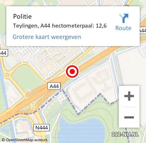 Locatie op kaart van de 112 melding: Politie Teylingen, A44 hectometerpaal: 12,6 op 12 november 2023 00:34