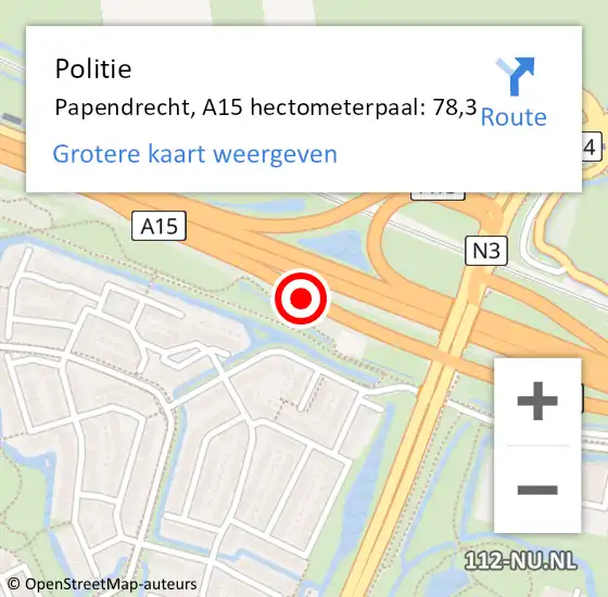 Locatie op kaart van de 112 melding: Politie Papendrecht, A15 hectometerpaal: 78,3 op 12 november 2023 01:00