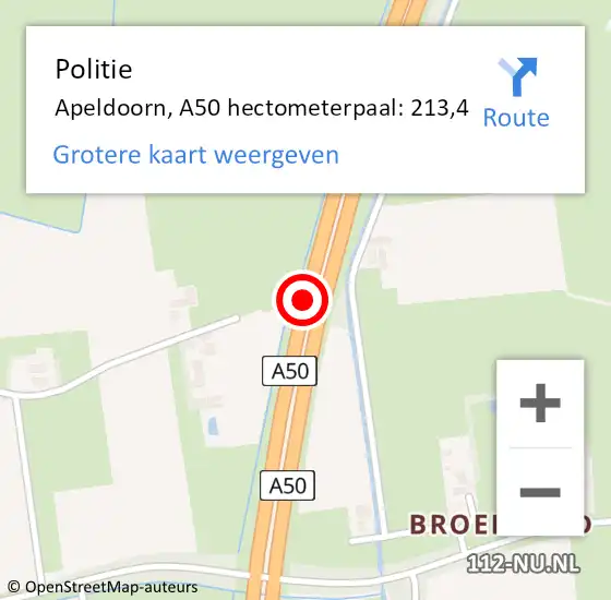 Locatie op kaart van de 112 melding: Politie Apeldoorn, A50 hectometerpaal: 213,4 op 12 november 2023 01:19