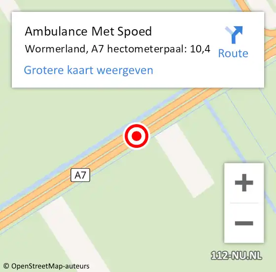 Locatie op kaart van de 112 melding: Ambulance Met Spoed Naar Wormerland, A7 hectometerpaal: 10,4 op 12 november 2023 01:43