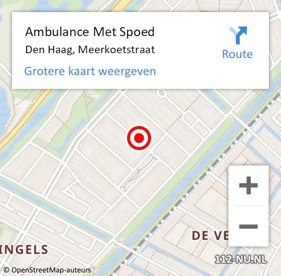 Locatie op kaart van de 112 melding: Ambulance Met Spoed Naar Den Haag, Meerkoetstraat op 12 november 2023 02:29
