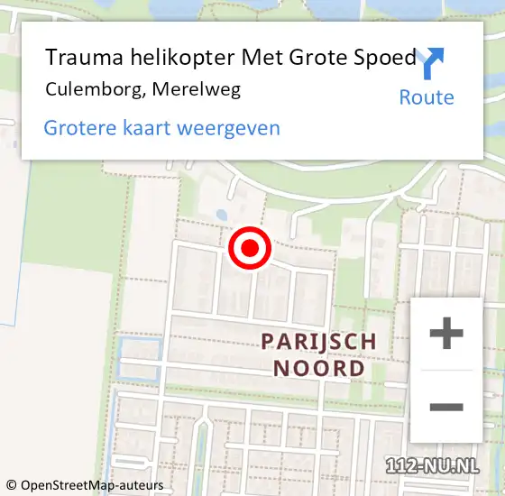 Locatie op kaart van de 112 melding: Trauma helikopter Met Grote Spoed Naar Culemborg, Merelweg op 12 november 2023 10:57