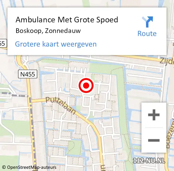 Locatie op kaart van de 112 melding: Ambulance Met Grote Spoed Naar Boskoop, Zonnedauw op 12 november 2023 14:10