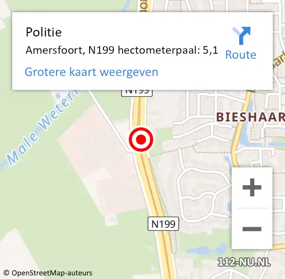 Locatie op kaart van de 112 melding: Politie Amersfoort, N199 hectometerpaal: 5,1 op 12 november 2023 14:52