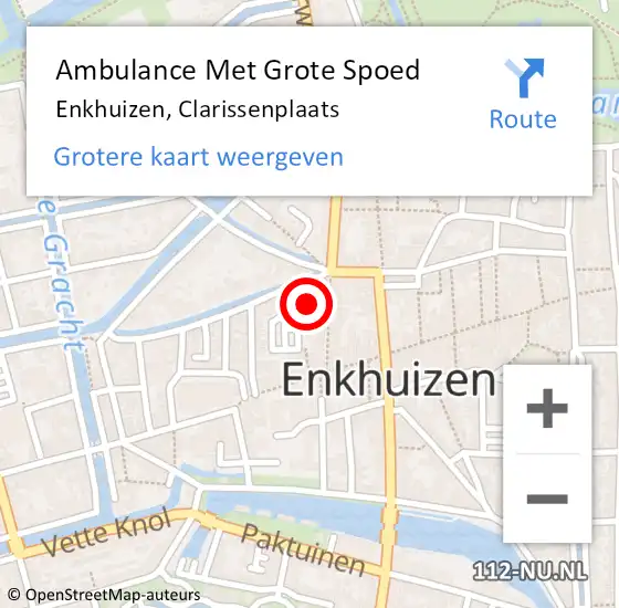 Locatie op kaart van de 112 melding: Ambulance Met Grote Spoed Naar Enkhuizen, Clarissenplaats op 12 november 2023 14:55