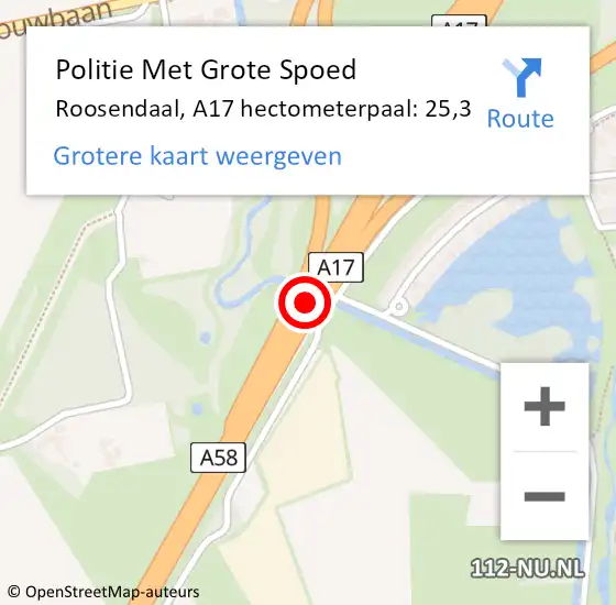Locatie op kaart van de 112 melding: Politie Met Grote Spoed Naar Roosendaal, A17 hectometerpaal: 25,3 op 12 november 2023 14:58