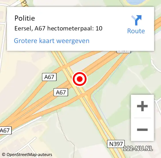 Locatie op kaart van de 112 melding: Politie Eersel, A67 hectometerpaal: 10 op 12 november 2023 20:27