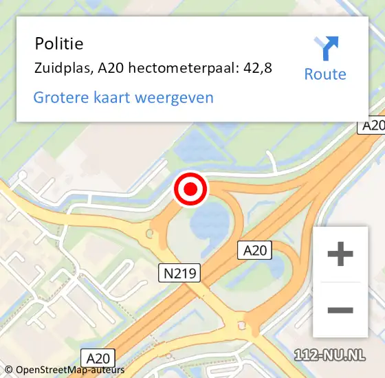 Locatie op kaart van de 112 melding: Politie Zuidplas, A20 hectometerpaal: 42,8 op 13 november 2023 06:50