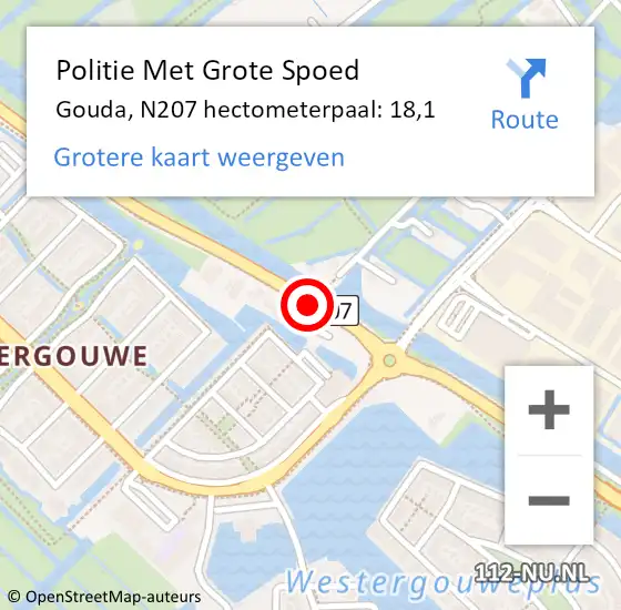 Locatie op kaart van de 112 melding: Politie Met Grote Spoed Naar Gouda, N207 hectometerpaal: 18,1 op 13 november 2023 07:24