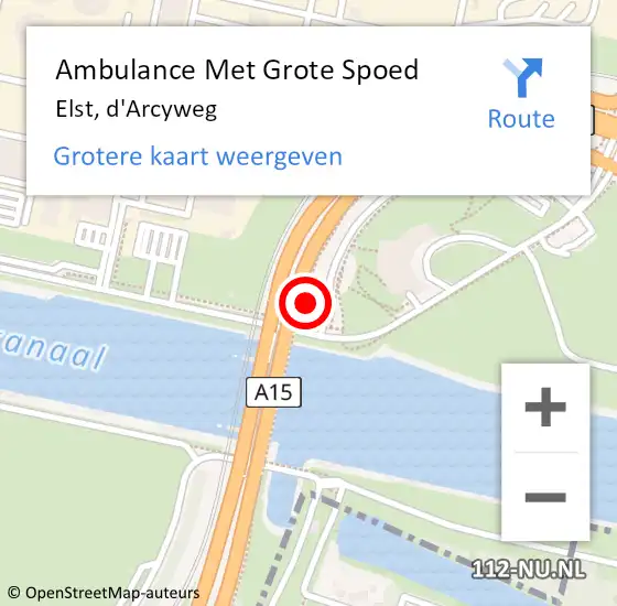 Locatie op kaart van de 112 melding: Ambulance Met Grote Spoed Naar Elst, d'Arcyweg op 13 november 2023 07:36