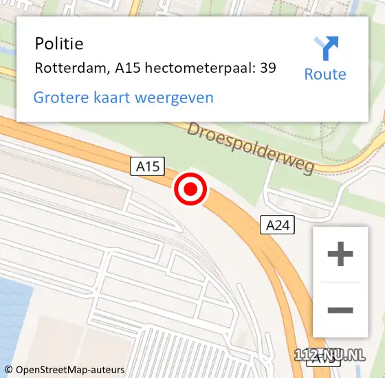 Locatie op kaart van de 112 melding: Politie Rotterdam, A15 hectometerpaal: 39 op 13 november 2023 08:40