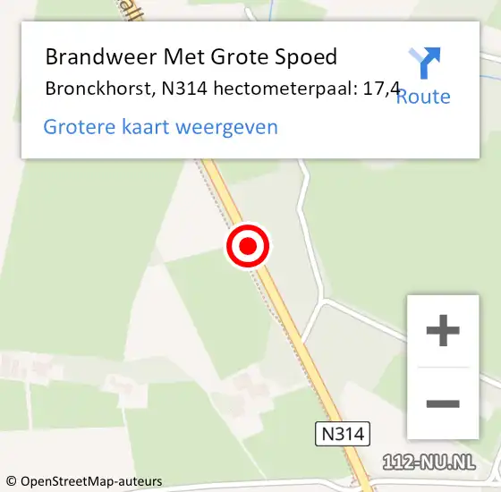 Locatie op kaart van de 112 melding: Brandweer Met Grote Spoed Naar Bronckhorst, N314 hectometerpaal: 17,4 op 13 november 2023 09:20