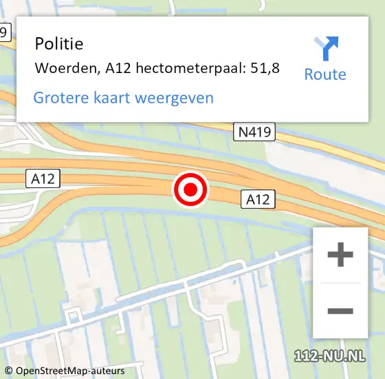 Locatie op kaart van de 112 melding: Politie Woerden, A12 hectometerpaal: 51,8 op 13 november 2023 10:10