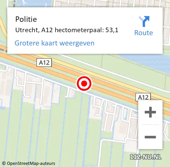 Locatie op kaart van de 112 melding: Politie Utrecht, A12 hectometerpaal: 53,1 op 13 november 2023 10:10