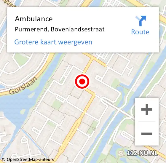 Locatie op kaart van de 112 melding: Ambulance Purmerend, Bovenlandsestraat op 13 november 2023 10:36