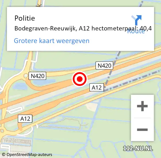 Locatie op kaart van de 112 melding: Politie Bodegraven-Reeuwijk, A12 hectometerpaal: 40,4 op 13 november 2023 11:56