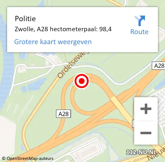 Locatie op kaart van de 112 melding: Politie Zwolle, A28 hectometerpaal: 98,4 op 13 november 2023 14:19