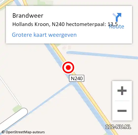 Locatie op kaart van de 112 melding: Brandweer Hollands Kroon, N240 hectometerpaal: 13,5 op 13 november 2023 15:19