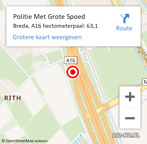 Locatie op kaart van de 112 melding: Politie Met Grote Spoed Naar Breda, A16 hectometerpaal: 63,1 op 13 november 2023 15:46