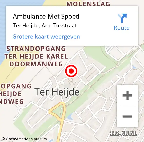 Locatie op kaart van de 112 melding: Ambulance Met Spoed Naar Ter Heijde, Arie Tukstraat op 13 november 2023 21:14