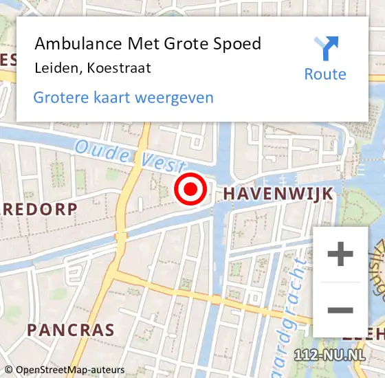 Locatie op kaart van de 112 melding: Ambulance Met Grote Spoed Naar Leiden, Koestraat op 13 november 2023 22:20