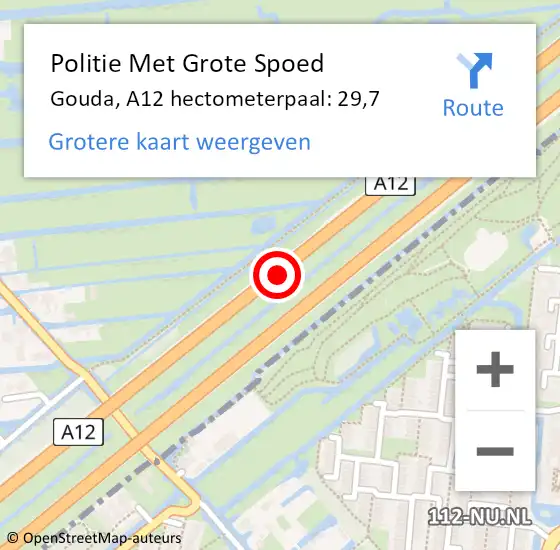 Locatie op kaart van de 112 melding: Politie Met Grote Spoed Naar Gouda, A12 hectometerpaal: 29,7 op 13 november 2023 23:33