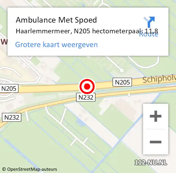 Locatie op kaart van de 112 melding: Ambulance Met Spoed Naar Haarlemmermeer, N205 hectometerpaal: 11,8 op 14 november 2023 07:15
