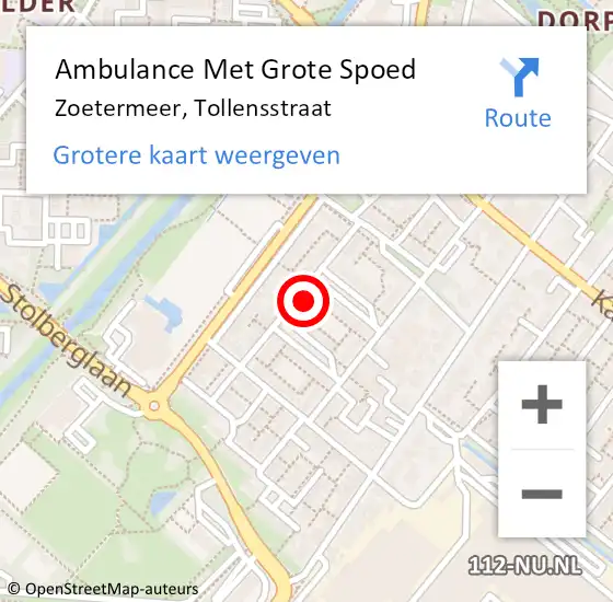 Locatie op kaart van de 112 melding: Ambulance Met Grote Spoed Naar Zoetermeer, Tollensstraat op 14 november 2023 08:18