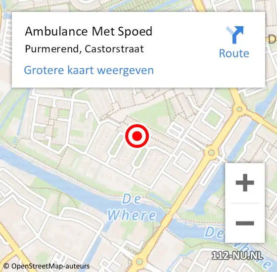 Locatie op kaart van de 112 melding: Ambulance Met Spoed Naar Purmerend, Castorstraat op 14 november 2023 08:41