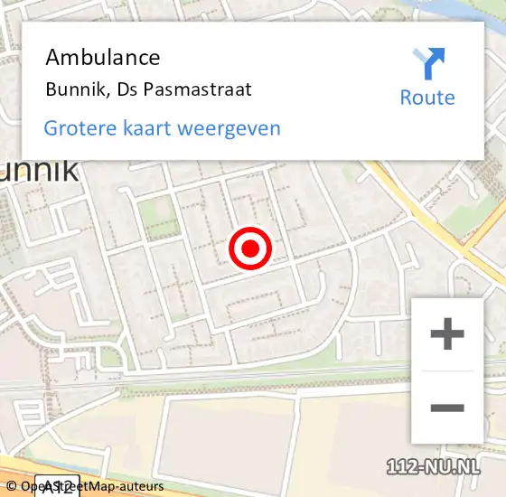 Locatie op kaart van de 112 melding: Ambulance Bunnik, Ds Pasmastraat op 15 september 2014 11:22