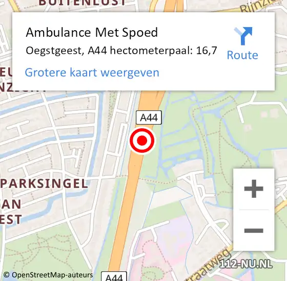 Locatie op kaart van de 112 melding: Ambulance Met Spoed Naar Oegstgeest, A44 hectometerpaal: 16,7 op 14 november 2023 11:58