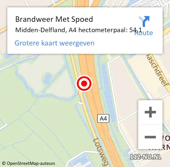 Locatie op kaart van de 112 melding: Brandweer Met Spoed Naar Midden-Delfland, A4 hectometerpaal: 54,1 op 14 november 2023 12:54