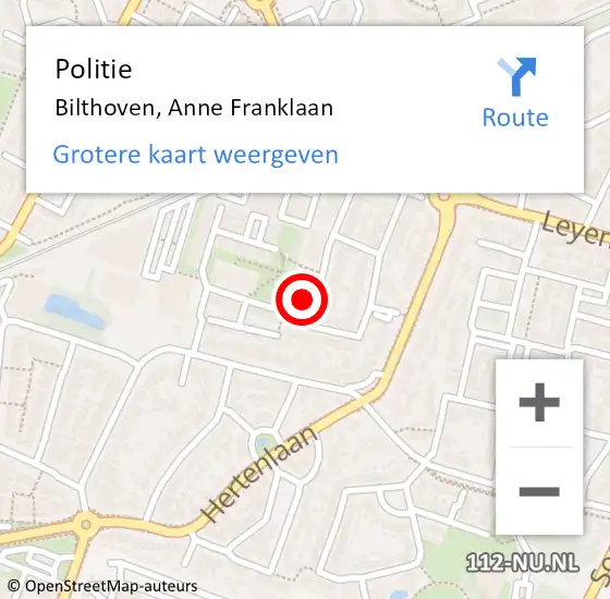 Locatie op kaart van de 112 melding: Politie Bilthoven, Anne Franklaan op 14 november 2023 14:26