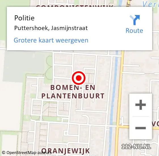 Locatie op kaart van de 112 melding: Politie Puttershoek, Jasmijnstraat op 14 november 2023 15:10