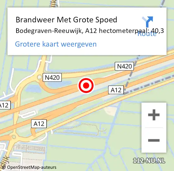 Locatie op kaart van de 112 melding: Brandweer Met Grote Spoed Naar Bodegraven-Reeuwijk, A12 hectometerpaal: 40,3 op 14 november 2023 15:43