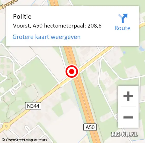 Locatie op kaart van de 112 melding: Politie Voorst, A50 hectometerpaal: 208,6 op 14 november 2023 15:54