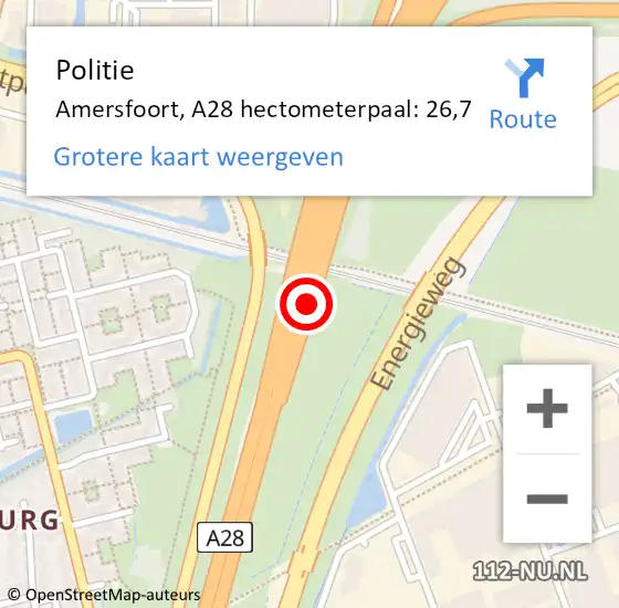 Locatie op kaart van de 112 melding: Politie Amersfoort, A28 hectometerpaal: 26,7 op 14 november 2023 17:02