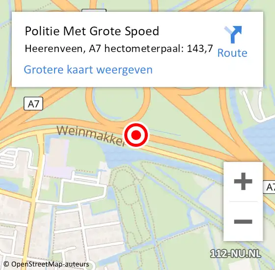 Locatie op kaart van de 112 melding: Politie Met Grote Spoed Naar Heerenveen, A7 hectometerpaal: 143,7 op 14 november 2023 17:04