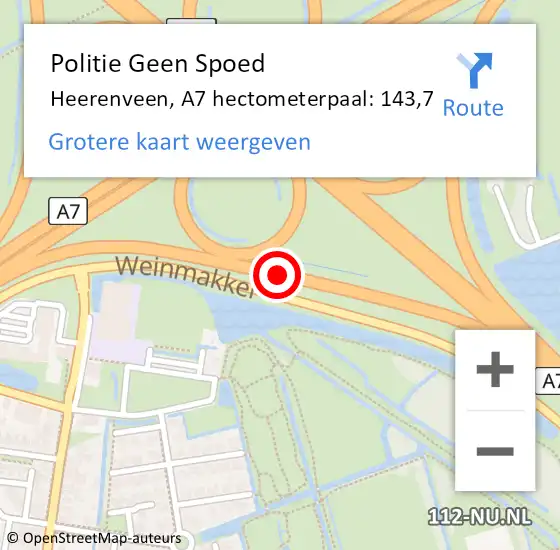 Locatie op kaart van de 112 melding: Politie Geen Spoed Naar Heerenveen, A7 hectometerpaal: 143,7 op 14 november 2023 17:06